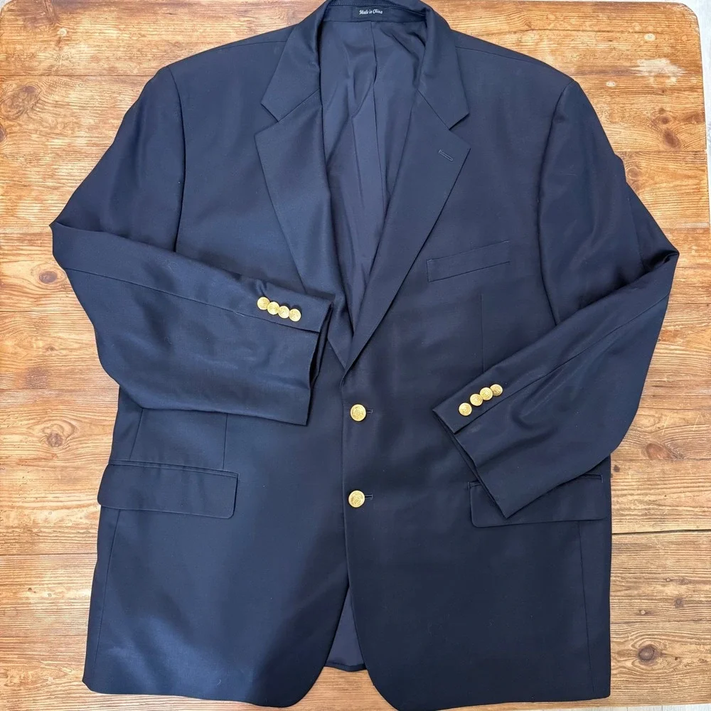 Lauren Ralph Lauren Gold Crest 2-Button Navy 100% Wool Blazer Sport Coat 48R EUC